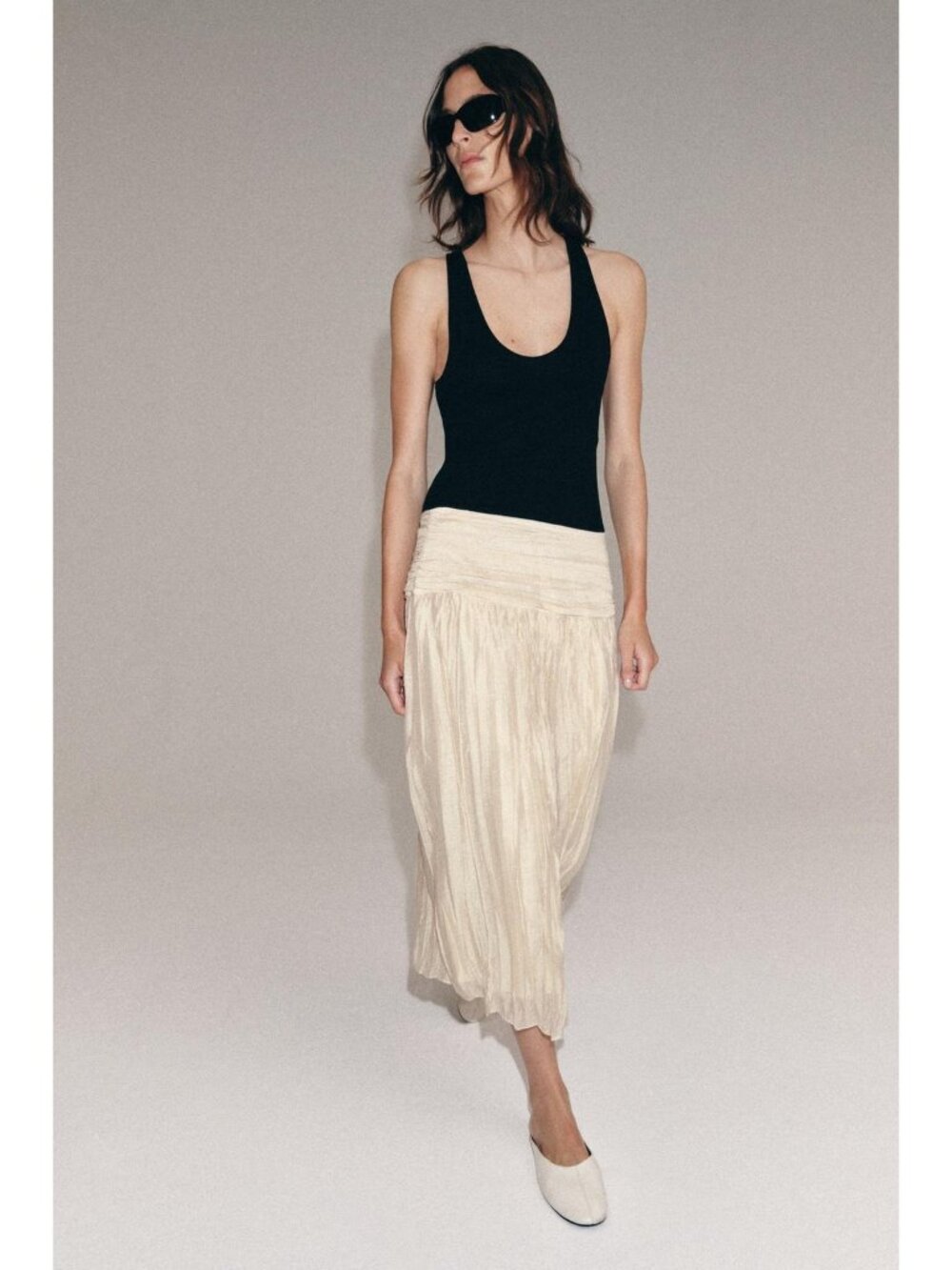 H&M Maxi Skirt Size 12 Flared Beige 100% Cotton Side Zipper Draped Waist - Picture 2 of 14